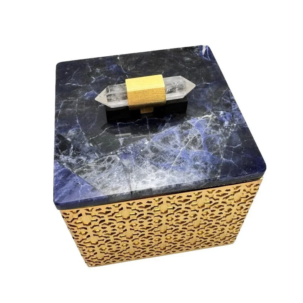 NEW Kendra Scott Ornate Jewelry Box  Gold Blue Sodalite Quartz Gold Tone Square